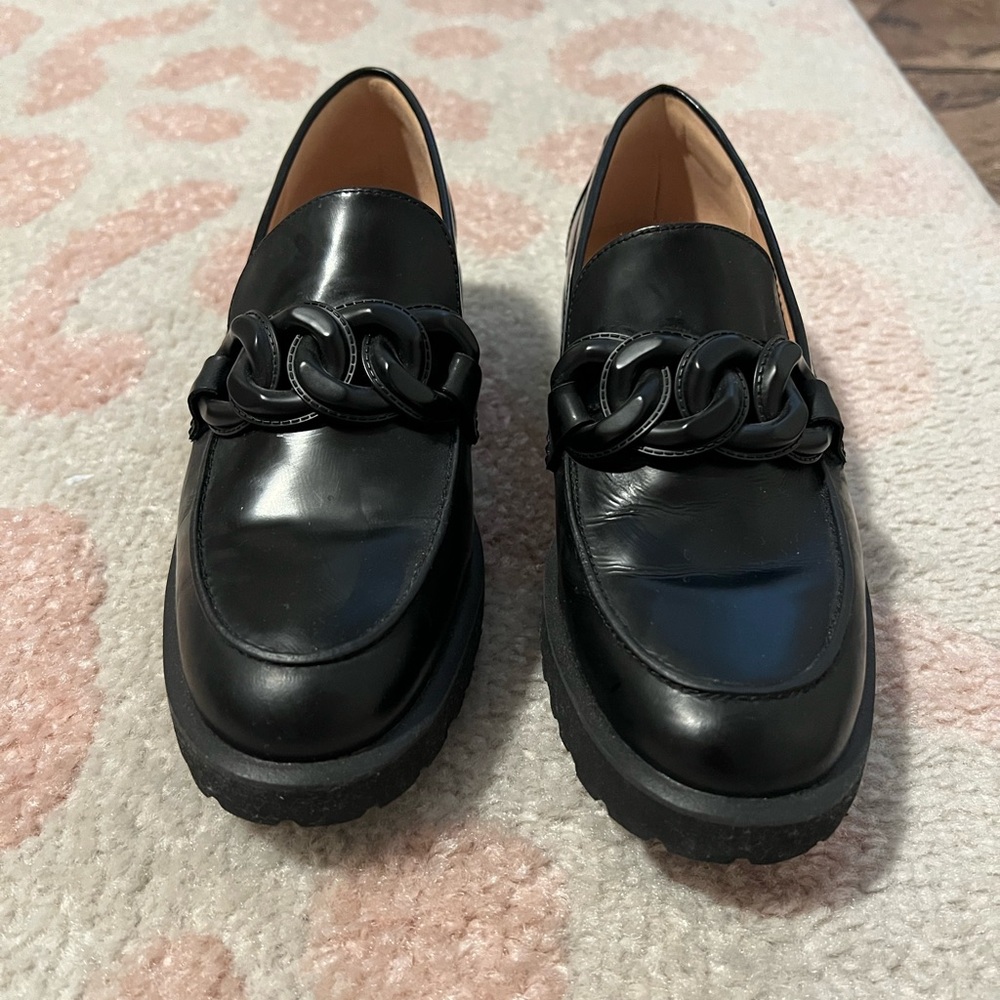 Cole Haan Black Leather Chain-Accent Loafers